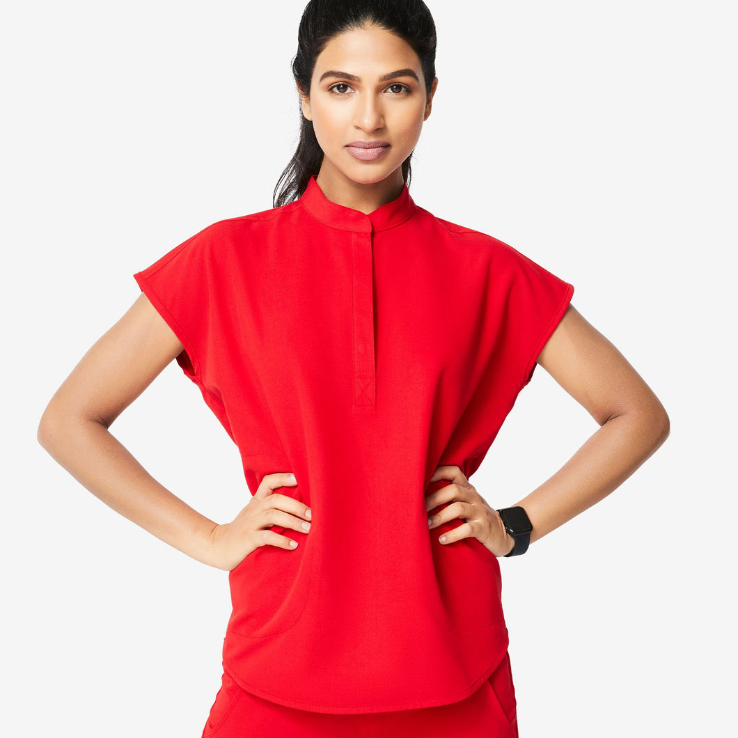 women's Red Rafaela - Mandarin Collar Scrub Top – themusiczoorerd.com